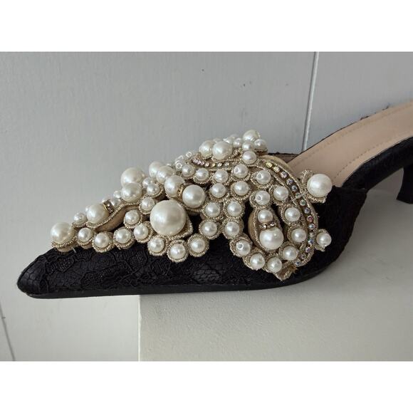 Kitten Heels Slip On Poeticka Womans Faux Pearl & Lace Gems Sz. 7.5 EU Sz. 38 - Picture 6 of 10